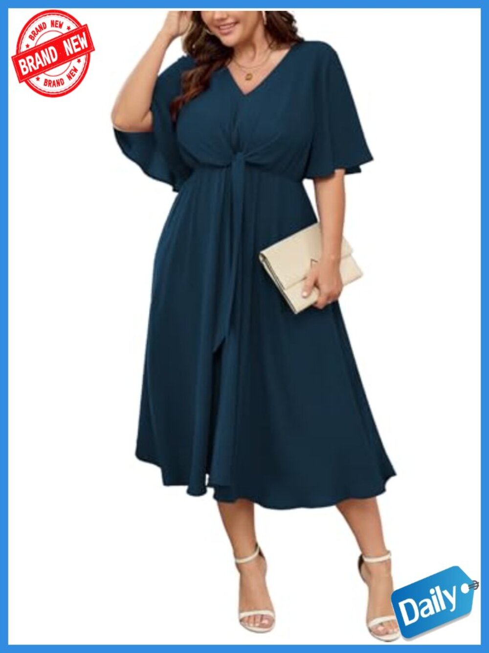 Plus Size Midi Dress V-Neck Tie Waist Short Sleeve Flowy A-Line Wedding Guest